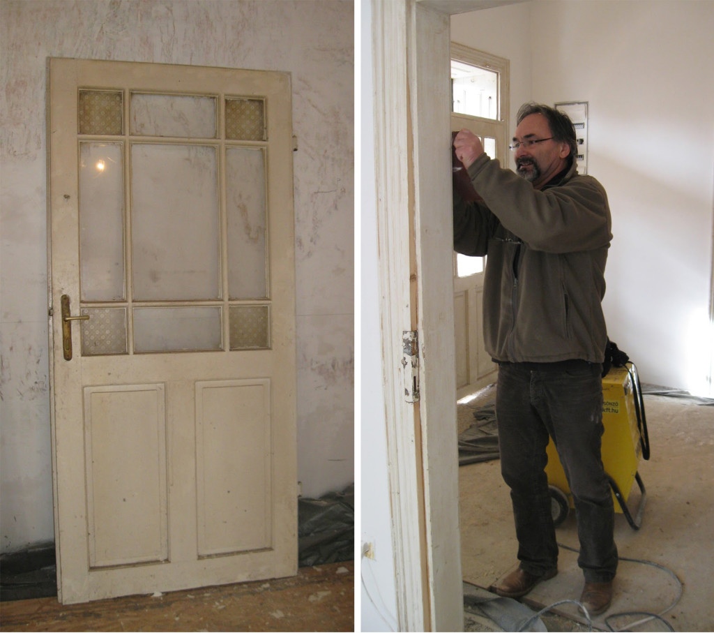 Az eredeti ajtó, az eredeti ablaküveggel és Rákos Péter kőszobrász-restaurátor
