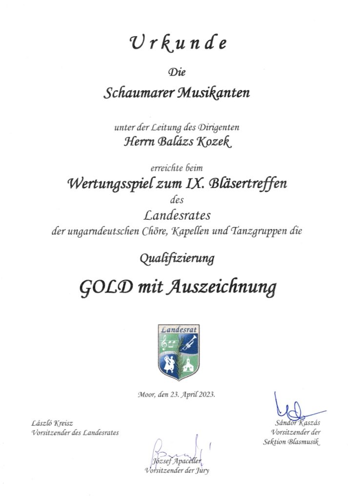 A Schaumarer Musikanten Kiemelt Arany kitüntetést szerzett